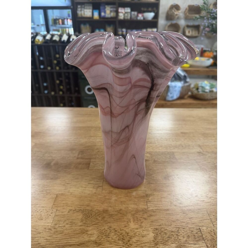 Murano Vintage Italian Pink Swirl Glass Vase- Handkerchief Style Rim